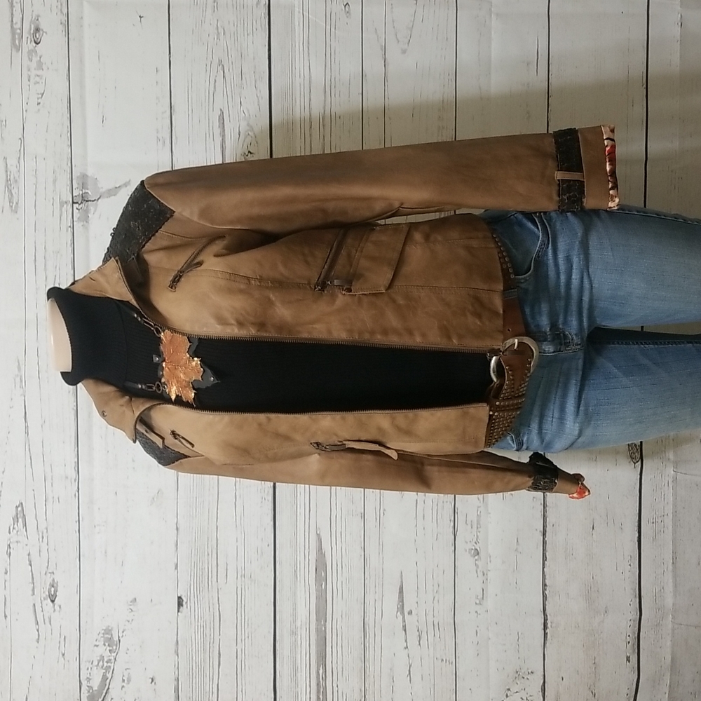 BKE Outerwear stylish faux leather jacket with sequin accents.